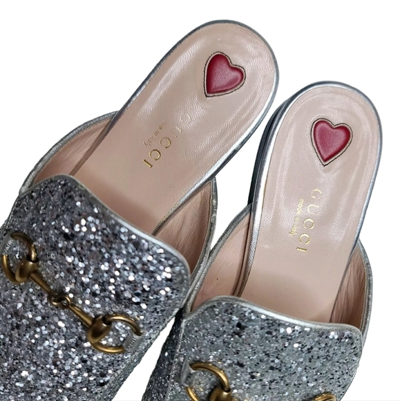 Gucci Princetown Size 37.5 US 7.5 Leather Mule Silver Glitter Slipper - Picture 7 of 9
